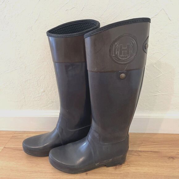 Hunter Womens 6 Regent Carlyle ColorBlock Tall Gloss Rain Boots Black Brown Snow - Picture 1 of 12